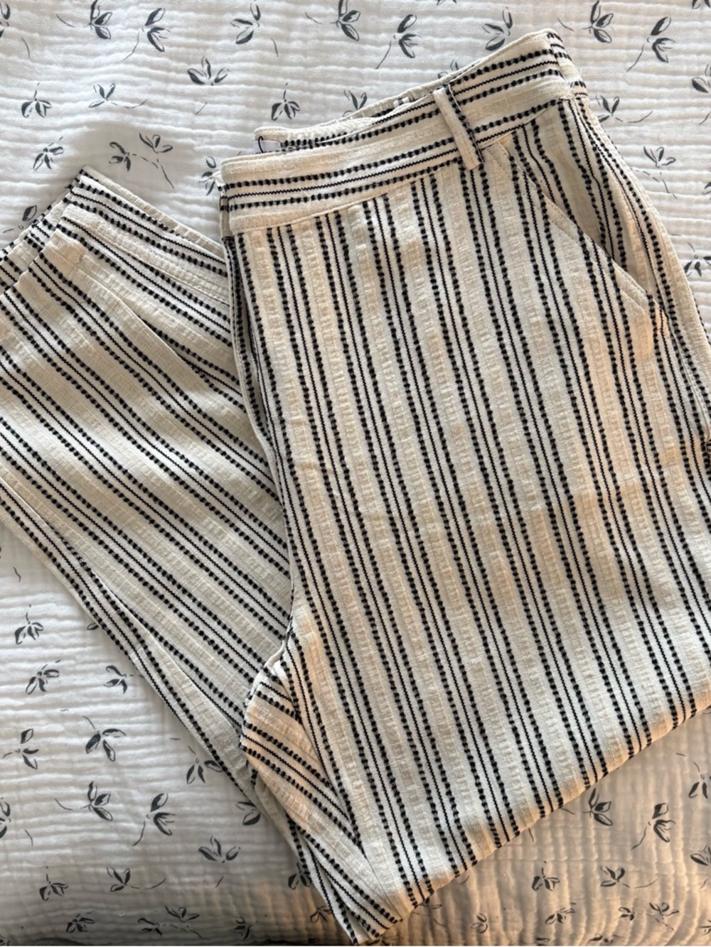 Zara Embroidered Striped Rustic Cotton & Linen Tapered Cropped Pants Size L NWT‎ - Picture 10 of 11